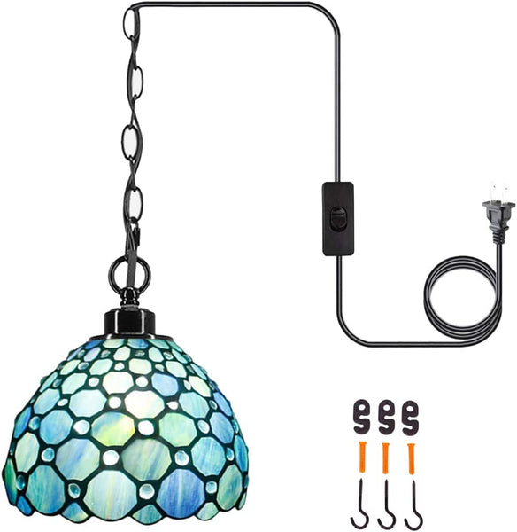 Werfactory® Tiffany Style Plug In Pendant Light Sea Blue Stained Glass  Chandelier with 16.4 Ft Hanging Cord in Line On/Off Push Switch