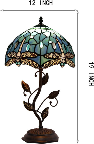 Tiffany Table Lamp, Stained Glass Lamp, Blue Dragonfly Desk Light W12H19  Inch Antique Iron Metal Leaves