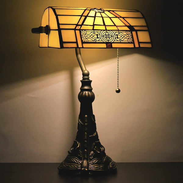 WERFACTORY Banker Lamp Tiffany Desk Lamp Green Leaves Stained