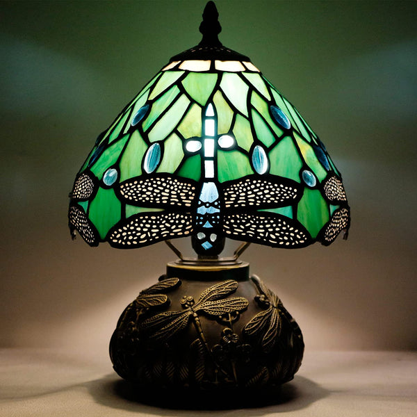 Werfactory® Tiffany Table Lamp Green Dragonfly Stained Glass Mushroom Lamp  –