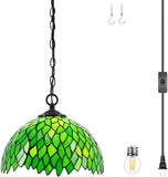 Werfactory®Tiffany Pendant Light Plug in Green Wisteria Stained Glass 12 Inch Hanging Lamp