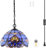 Werfactory® Tiffany Style Plug in Pendant Light 12 Inch Blue Purple Baroque Stained Glass Hanging Lamp