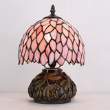 WERFACTORY Desk Pink Small Tiffany Lamp Wisteria Style Stained Glass Mushroom Table Lamp Bronze Mini Accent Lamp