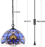 Werfactory® Tiffany Style Plug in Pendant Light 12 Inch Blue Purple Baroque Stained Glass Hanging Lamp