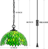 Werfactory®Tiffany Pendant Light Plug in Green Wisteria Stained Glass 12 Inch Hanging Lamp