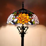 16 Inch Tiffany Floor Lamp Green Stained Glass Yellow Purple Rose Style