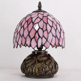 WERFACTORY Desk Pink Small Tiffany Lamp Wisteria Style Stained Glass Mushroom Table Lamp Bronze Mini Accent Lamp