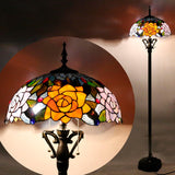 16 Inch Tiffany Floor Lamp Green Stained Glass Yellow Purple Rose Style