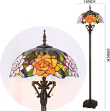 16 Inch Tiffany Floor Lamp Green Stained Glass Yellow Purple Rose Style