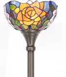 Tiffany Torchiere Floor Lamp Stained Glass Purple Orange Rose Flower Standing