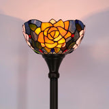 Tiffany Torchiere Floor Lamp Stained Glass Purple Orange Rose Flower Standing