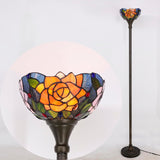 Tiffany Torchiere Floor Lamp Stained Glass Purple Orange Rose Flower Standing