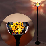 Tiffany Torchiere Floor Lamp Stained Glass Purple Orange Rose Flower Standing