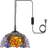 12 Inch Tiffany Pendant Light Plug in  Orange Red Rose Flower Hanging Lamp