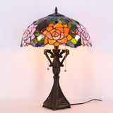 16 Inch Tiffany Table Lamp Purple Orange Rose Flower Desk Reading Light