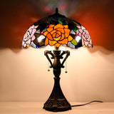 16 Inch Tiffany Table Lamp Purple Orange Rose Flower Desk Reading Light