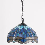 12 Inch Tiffany Pendant Light Stained Glass Hanging Lamp Blue Dragonfly