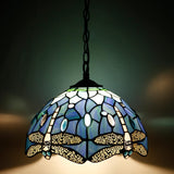 12 Inch Tiffany Pendant Light Stained Glass Hanging Lamp Blue Dragonfly