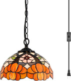 10 inch Tiffany Pendant Light Plug in Stained Glass Hanging Lamp Orange Flower