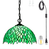 Tiffany Hanging Light Plug in Werfactory® Green Wisteria Stained Glass 12 Inch Hanging Lamp