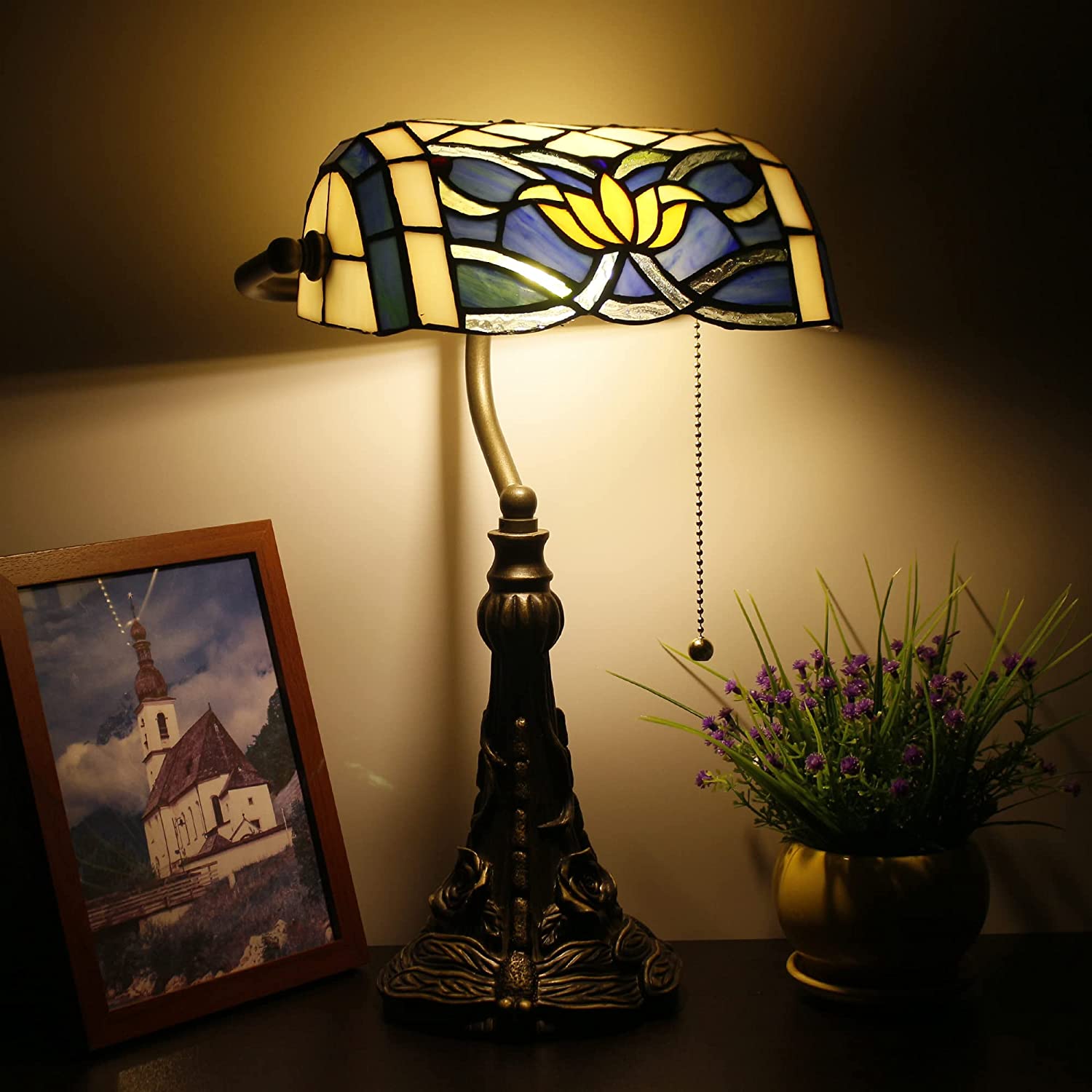 Werfactory® Banker Lamp Tiffany Desk Lamp Lotus Style Blue Stained Glass  Table Lamp, 15 Tall