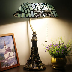 WERFACTORY Banker Lamp Tiffany Desk Lamp Green Leaves Stained