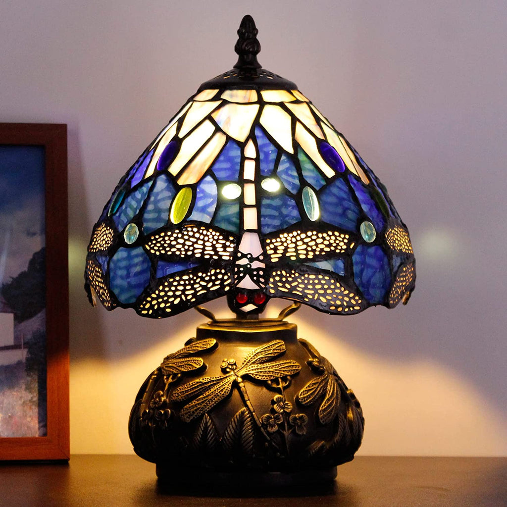 WERFACTORY Tiffany Table Lamp Navy Stained Glass Dragonfly Light ...